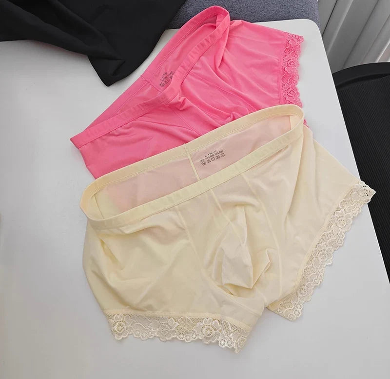 Men’s Ice Silk Mid-Rise Lace-Trim Boxer Briefs Underwear with Contoured Pouch