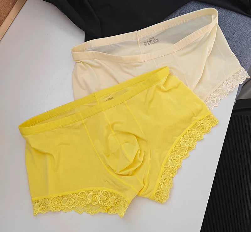 Men’s Ice Silk Mid-Rise Lace-Trim Boxer Briefs Underwear with Contoured Pouch