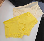 Men’s Ice Silk Mid-Rise Lace-Trim Boxer Briefs Underwear with Contoured Pouch