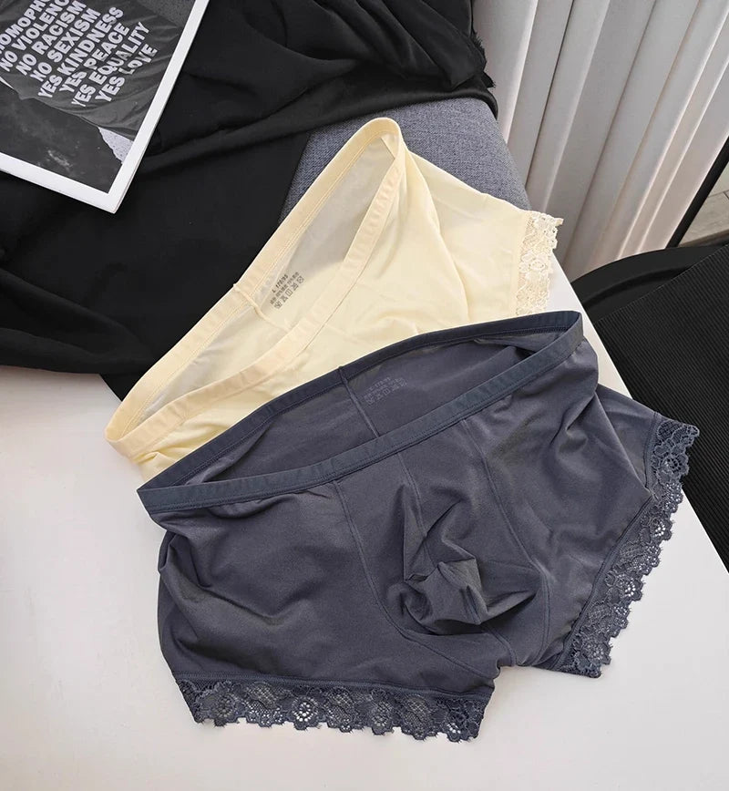 Men’s Ice Silk Mid-Rise Lace-Trim Boxer Briefs Underwear with Contoured Pouch