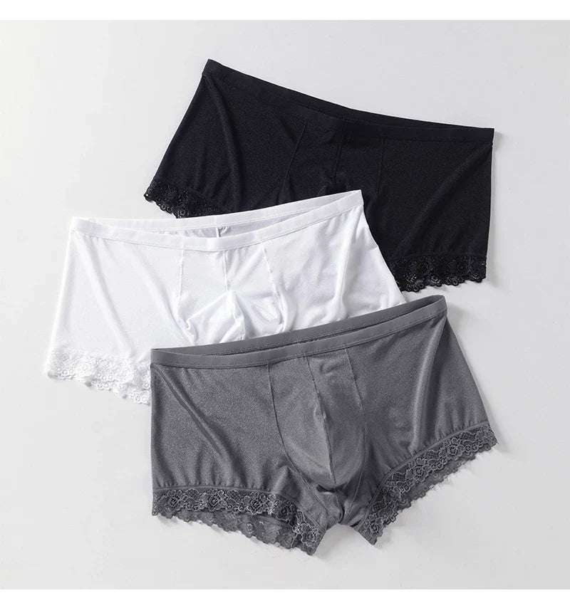 Men’s Ice Silk Mid-Rise Lace-Trim Boxer Briefs Underwear with Contoured Pouch