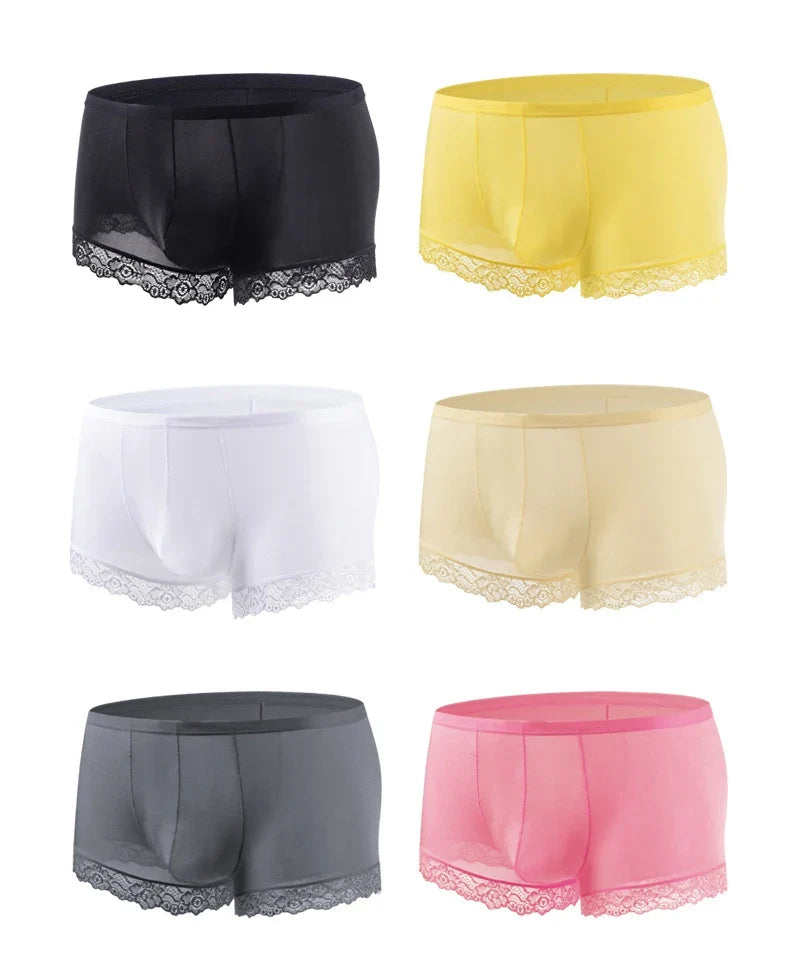 Men’s Ice Silk Mid-Rise Lace-Trim Boxer Briefs Underwear with Contoured Pouch