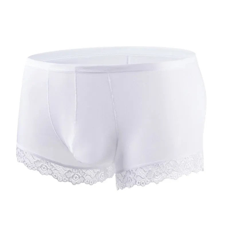 Men’s Ice Silk Mid-Rise Lace-Trim Boxer Briefs in White