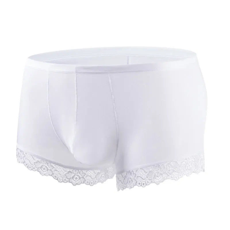 Men’s Ice Silk Mid-Rise Lace-Trim Boxer Briefs in White