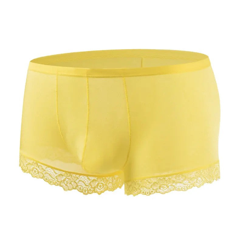 Men’s Ice Silk Mid-Rise Lace-Trim Boxer Briefs in Yellow