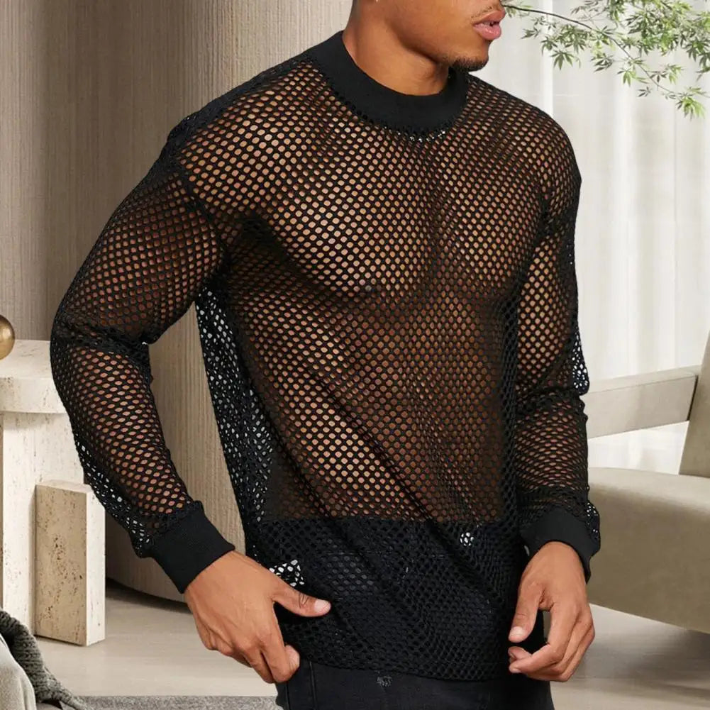 Men's Long Sleeve Open Mesh Fishnet Shirt - Crew Neck Top in Black