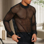 Men's Long Sleeve Open Mesh Fishnet Shirt - Crew Neck Top in Black