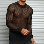 Men's Long Sleeve Open Mesh Fishnet Shirt - Crew Neck Top in Black