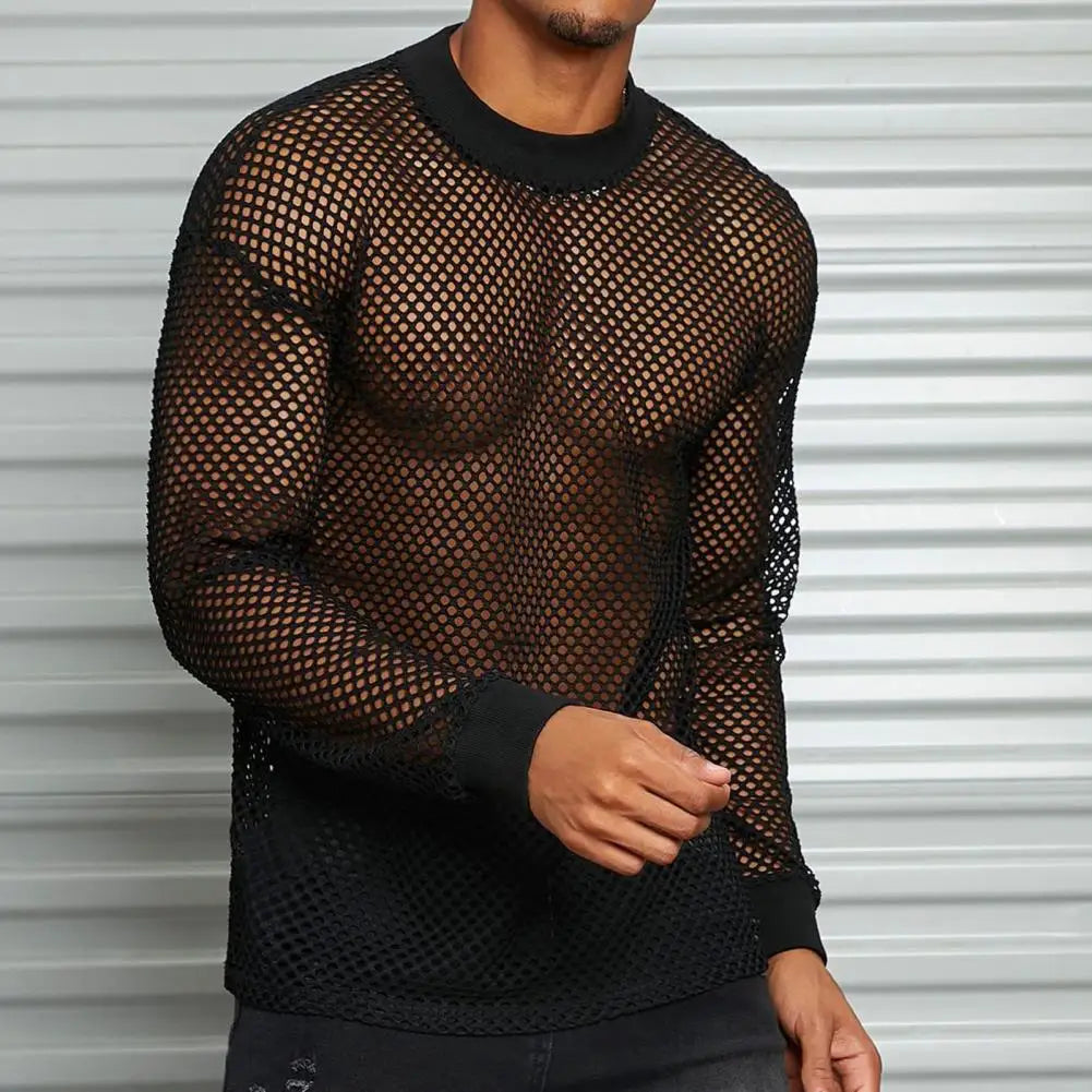 Men's Long Sleeve Open Mesh Fishnet Shirt - Crew Neck Top in Black