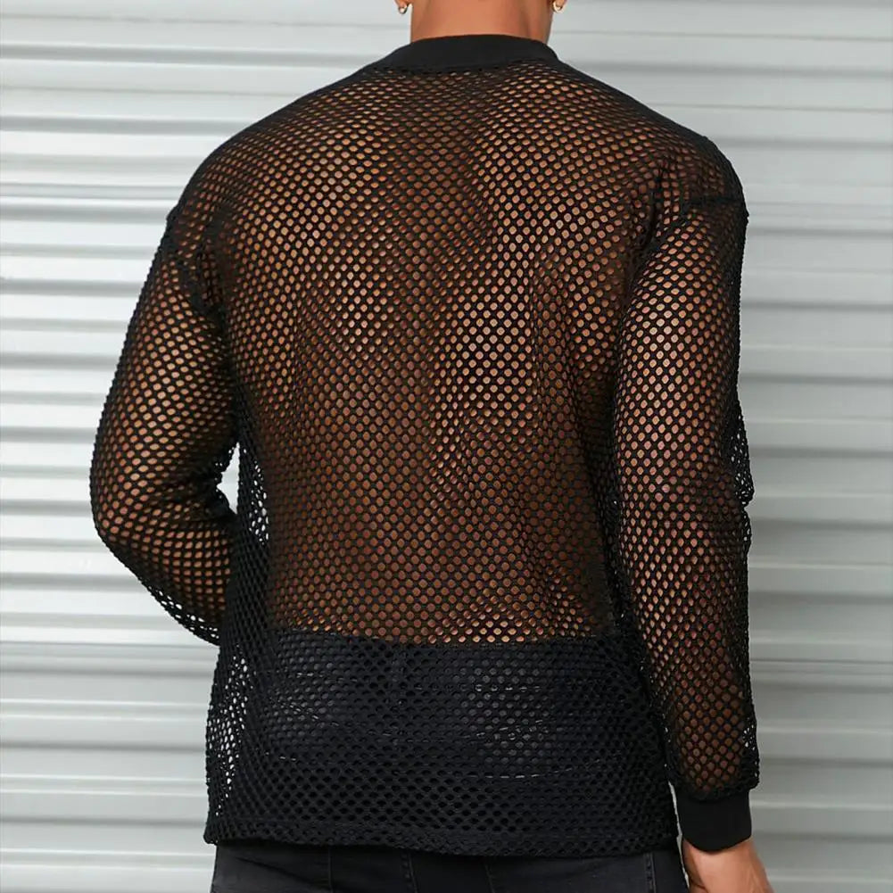 Men's Long Sleeve Open Mesh Fishnet Shirt - Crew Neck Top in Black