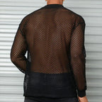Men's Long Sleeve Open Mesh Fishnet Shirt - Crew Neck Top in Black
