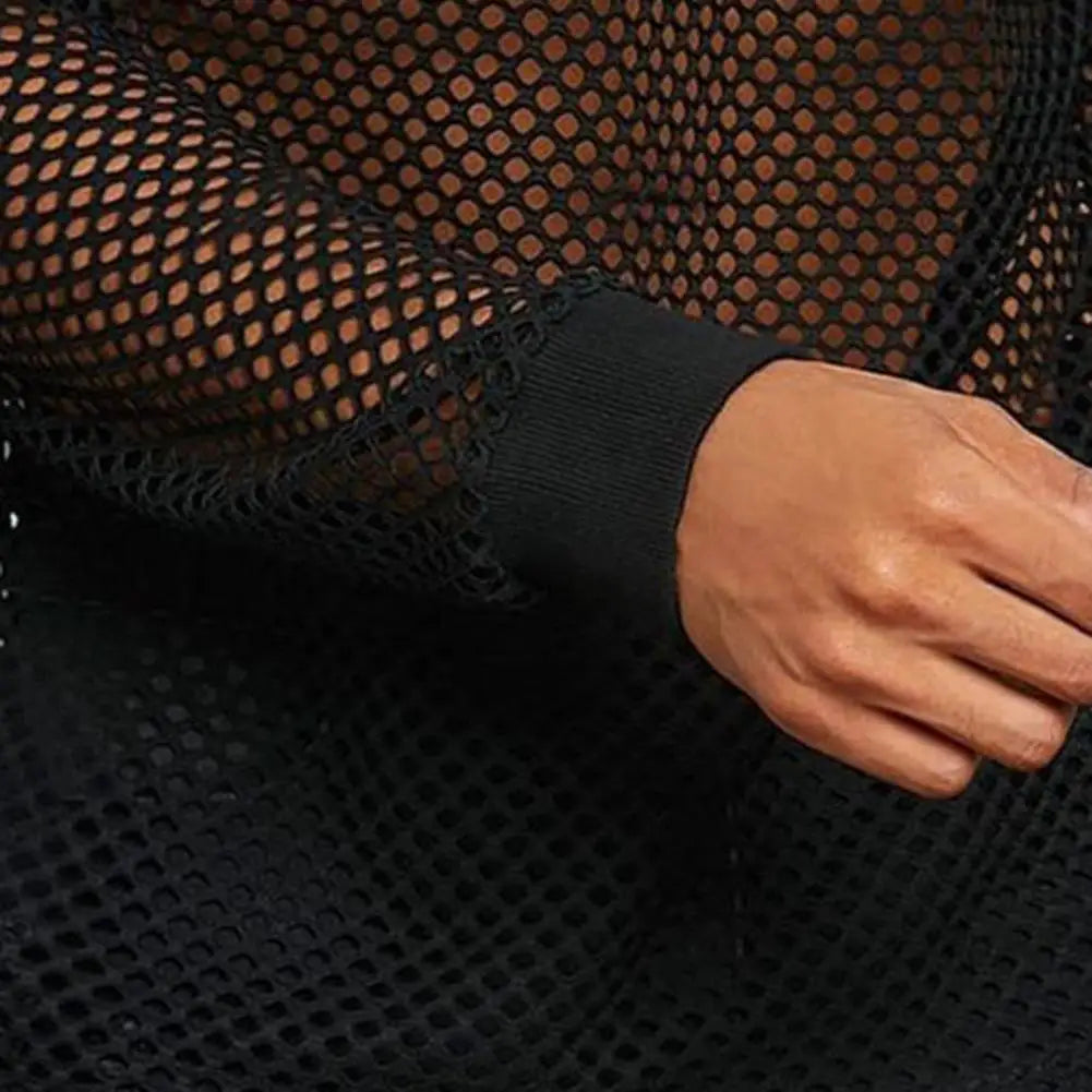 Men's Long Sleeve Open Mesh Fishnet Shirt - Crew Neck Top in Black