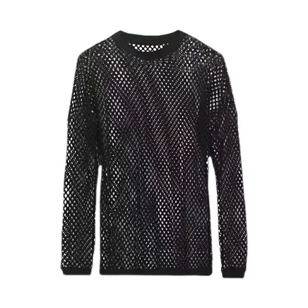 Men's Long Sleeve Open Mesh Fishnet Shirt - Crew Neck Top in Black