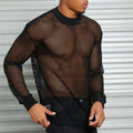 Men's Long Sleeve Open Mesh Fishnet Shirt - Crew Neck Top in Black
