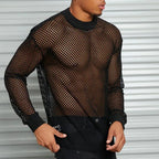 Men's Long Sleeve Open Mesh Fishnet Shirt - Crew Neck Top in Black