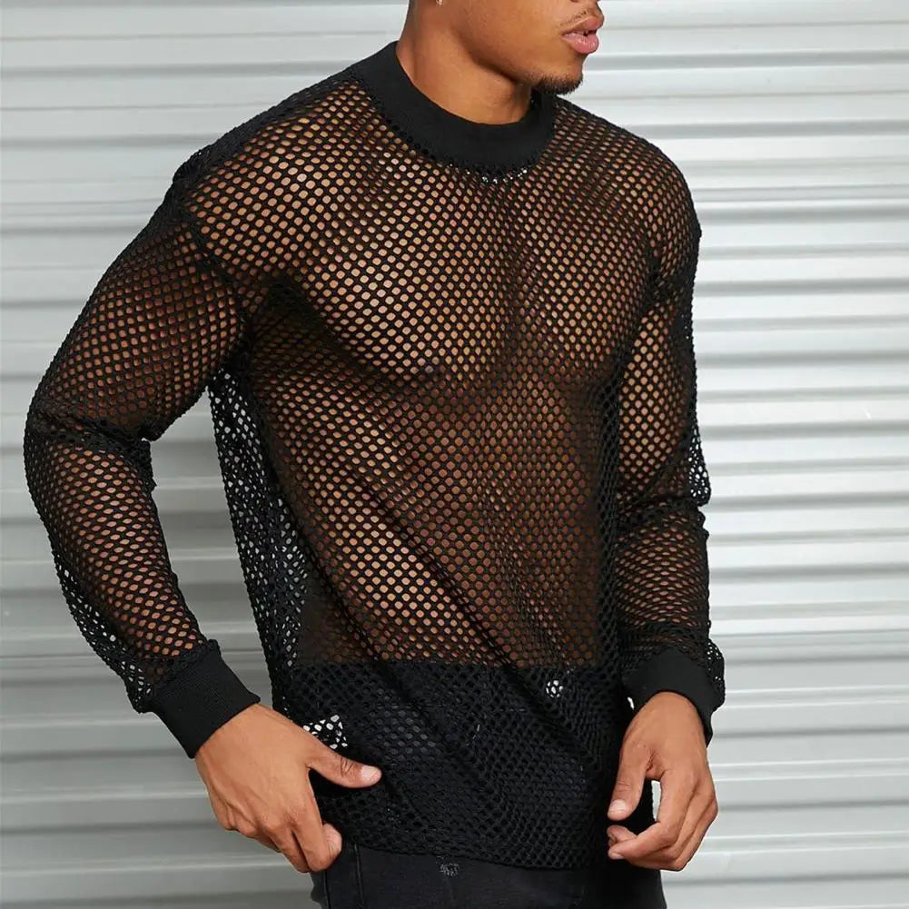 Men's Long Sleeve Open Mesh Fishnet Shirt - Crew Neck Top in Black