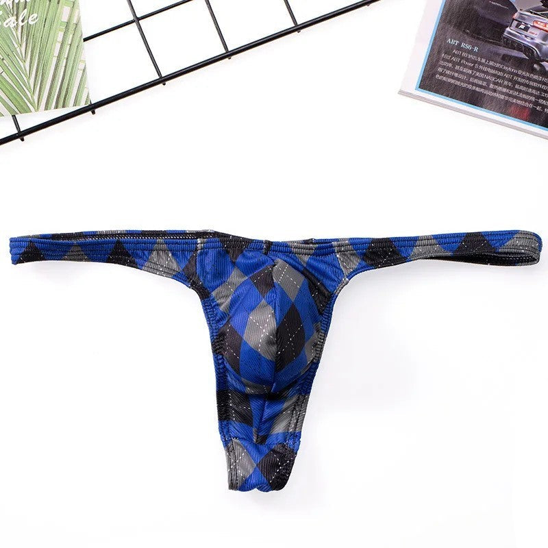 Men’s Low-Rise Plaid Print Thong Underwear with Contoured Pouch in Blue