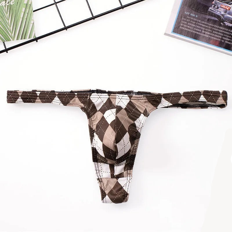 Men’s Low-Rise Plaid Print Thong Underwear with Contoured Pouch in Brown