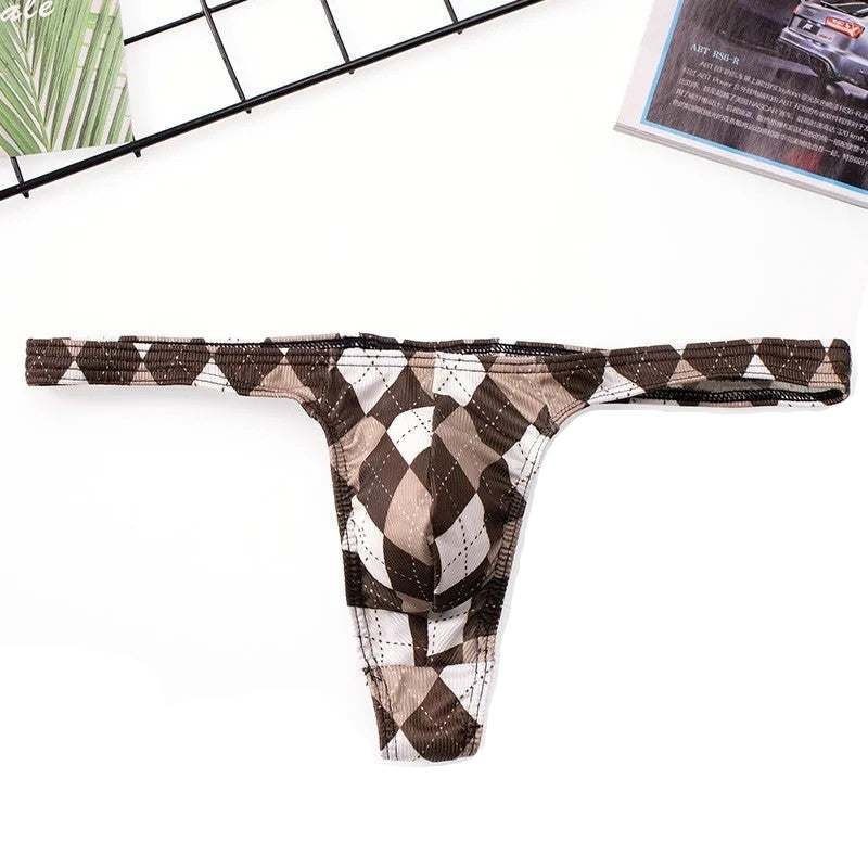 Men’s Low-Rise Plaid Print Thong Underwear with Contoured Pouch in Brown
