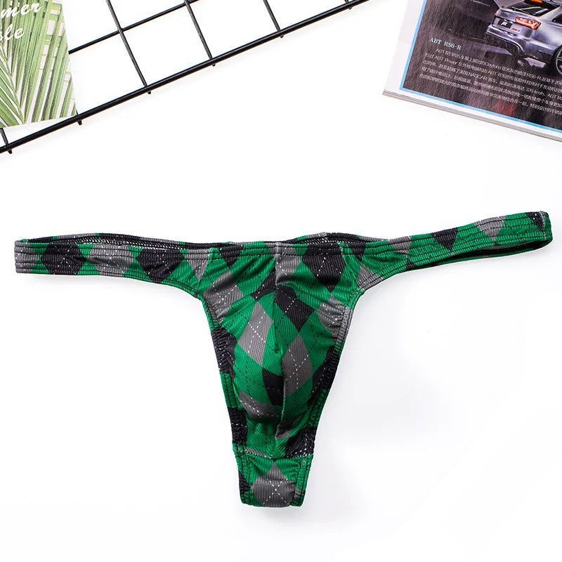 Men’s Low-Rise Plaid Print Thong Underwear with Contoured Pouch in Green