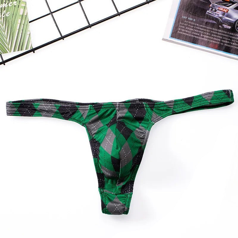 Men’s Low-Rise Plaid Print Thong Underwear with Contoured Pouch in Green