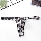 Men’s Low-Rise Plaid Print Thong Underwear with Contoured Pouch in White & Black
