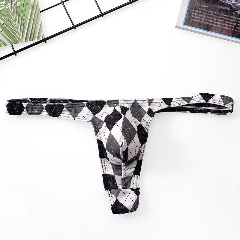 Men’s Low-Rise Plaid Print Thong Underwear with Contoured Pouch in White & Black