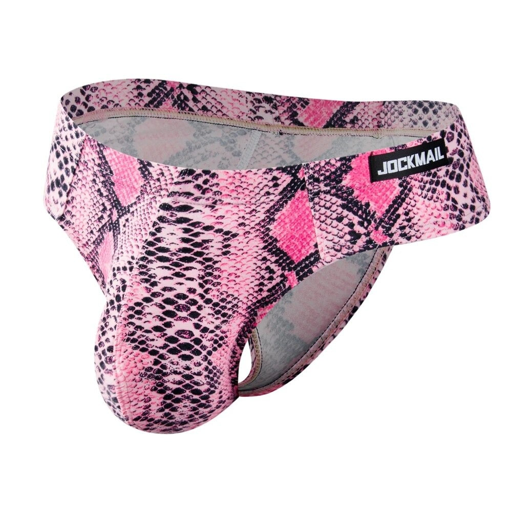 Men's Pink Snake Print Contour Pouch Bikini Briefs