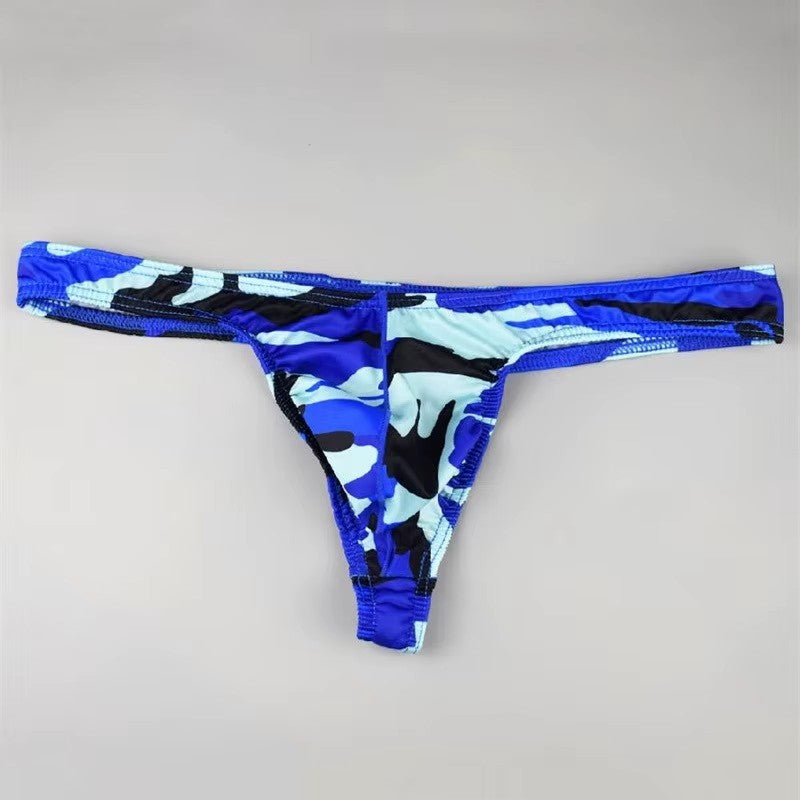 Men's Sleek Low-Rise Camouflage Print Thong Underwear in Blue