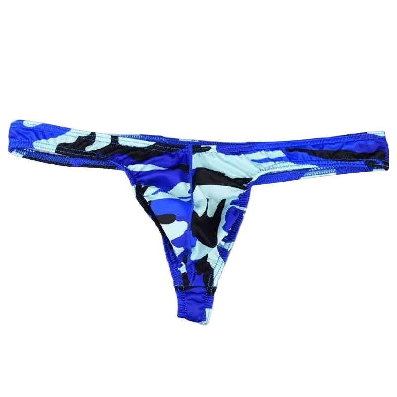 Men's Sleek Low-Rise Camouflage Print Thong Underwear in Blue