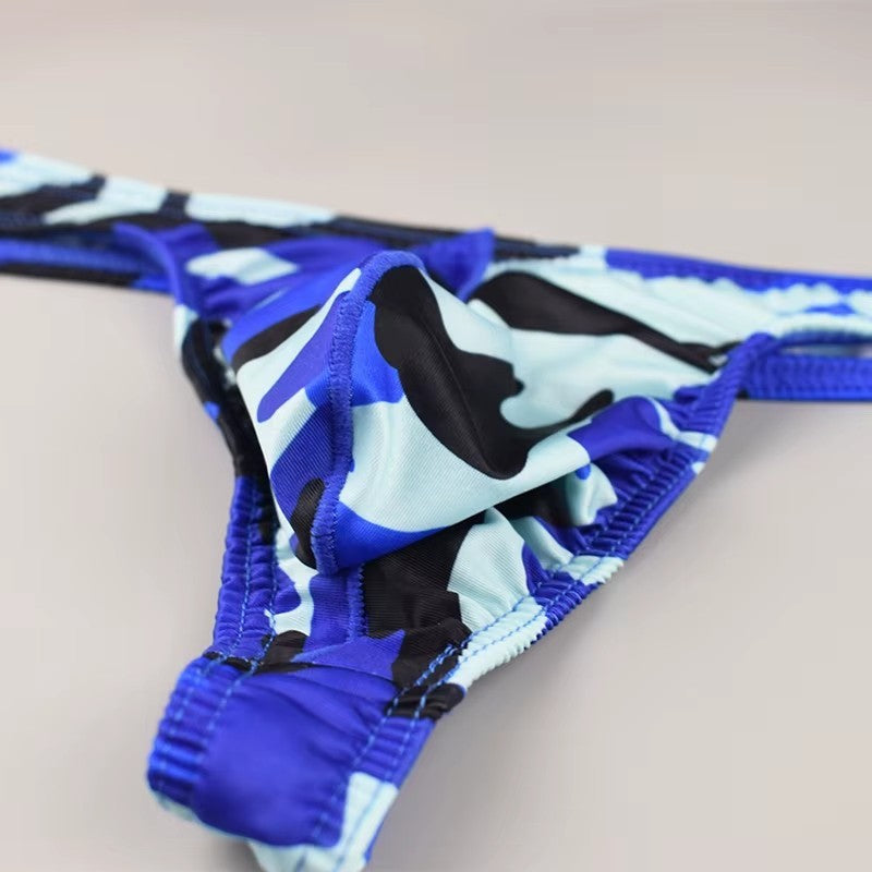 Men's Sleek Low-Rise Camouflage Print Thong Underwear in Blue