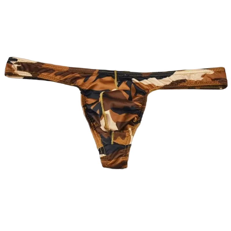 Men's Sleek Low-Rise Camouflage Print Thong Underwear in Brown