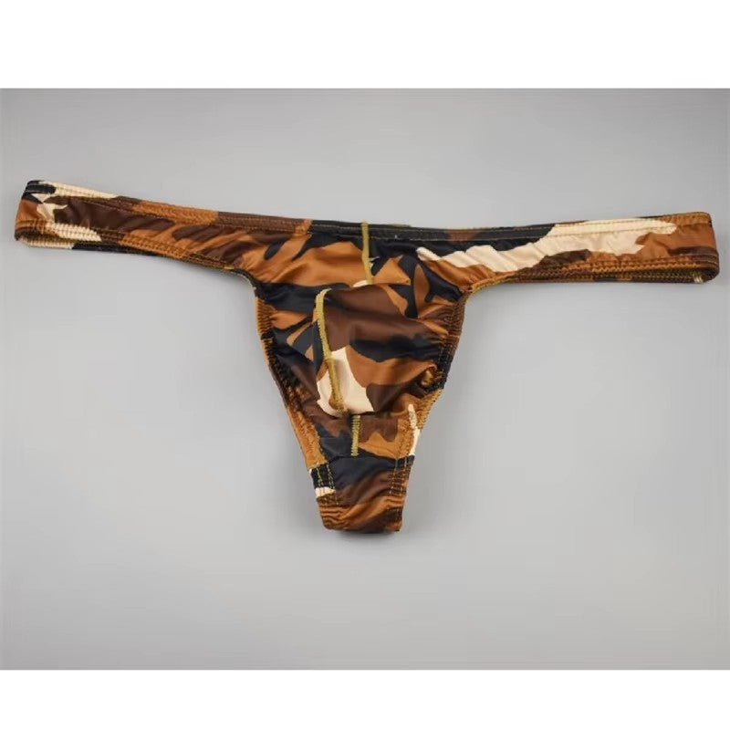 Men's Sleek Low-Rise Camouflage Print Thong Underwear in Brown