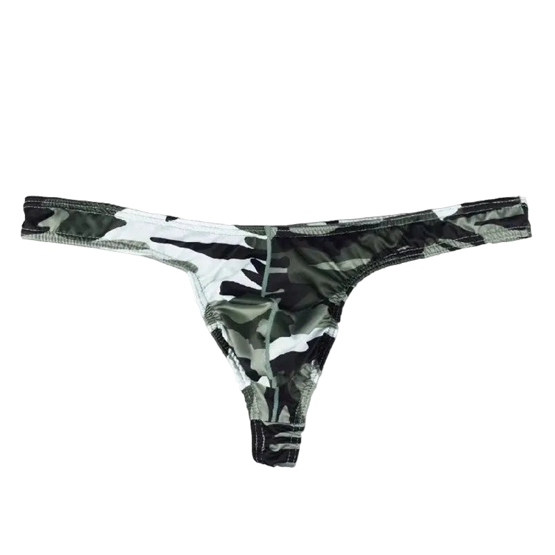 Men's Sleek Low-Rise Camouflage Print Thong Underwear in Green