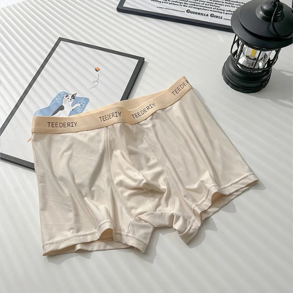 Men's Stylish Mid-Rise Ice Silk Boxer Briefs Underwear with Contoured Front in Beige
