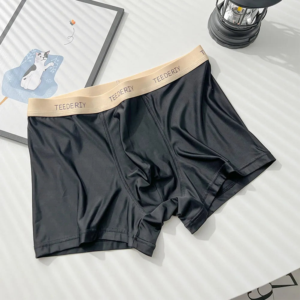 Men's Stylish Mid-Rise Ice Silk Boxer Briefs Underwear with Contoured Front in Black