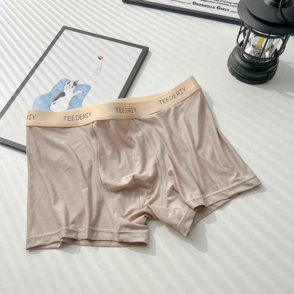 Men's Stylish Mid-Rise Ice Silk Boxer Briefs Underwear with Contoured Front in Khaki