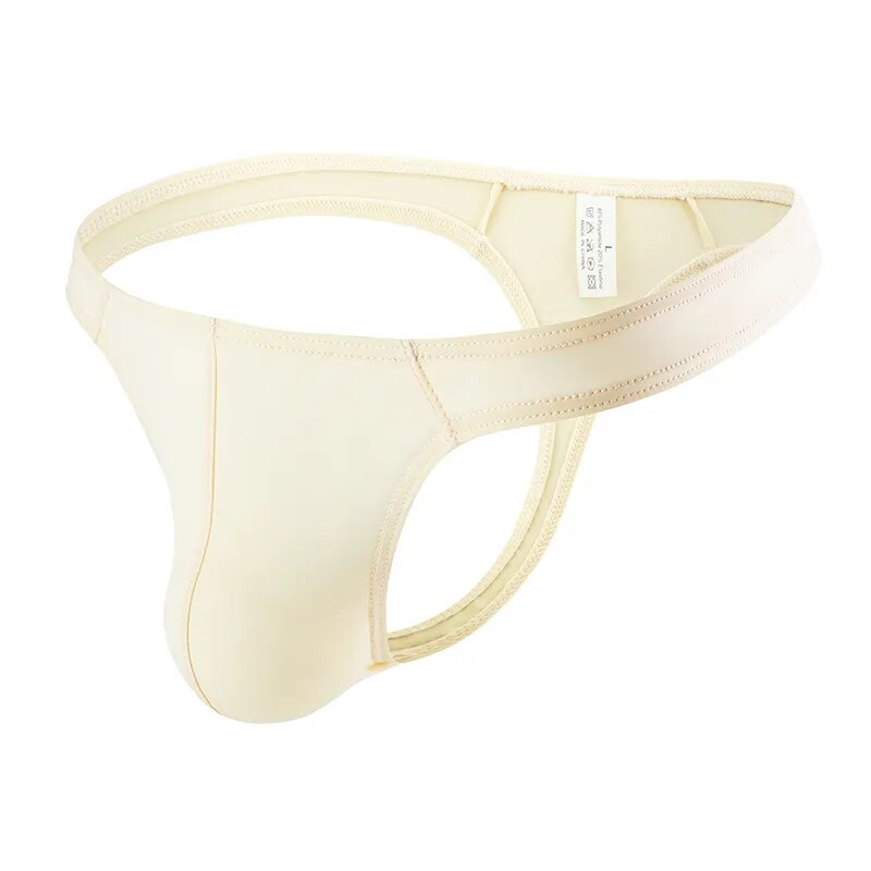 Men's Ultra-Thin Stretch Ice Silk Thong Underwear with Contoured Pouch in Beige