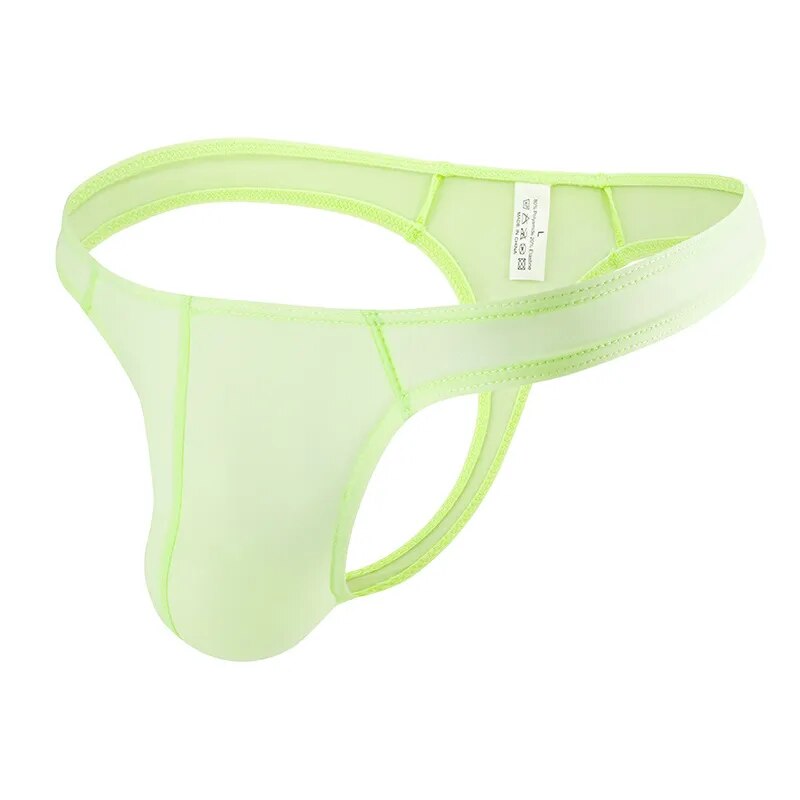 Men's Ultra-Thin Stretch Ice Silk Thong Underwear with Contoured Pouch in Green