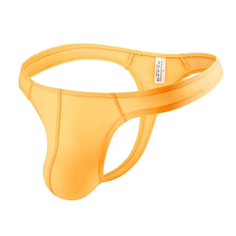 Men's Ultra-Thin Stretch Ice Silk Thong Underwear with Contoured Pouch in Yellow
