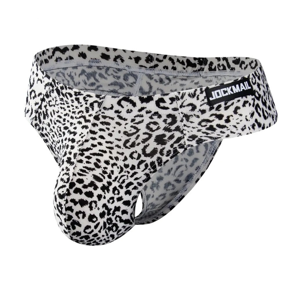 Men's White Leopard Print Contour Pouch Bikini Briefs